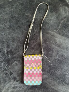 Madden Girl Pink Yellow Checkered Crossbody Phone Bag